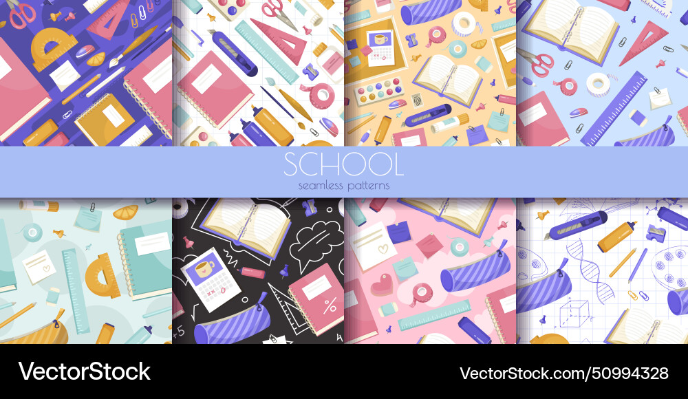 Set of colorful seamless patterns with school Vector Image