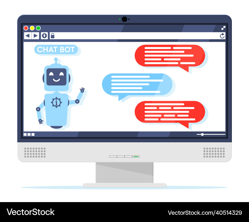 Computer with chat bot speak in bubble on screen Computer with chat bot speak in bubble on screen vector image