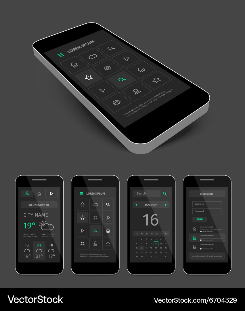 Dark mobile user aplication interface Template vektorbild