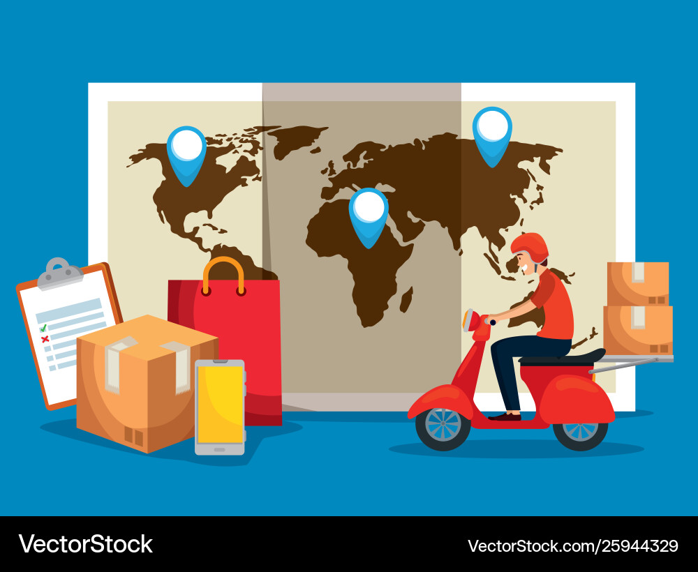 Global map with location sign and boxes packages Vector Image