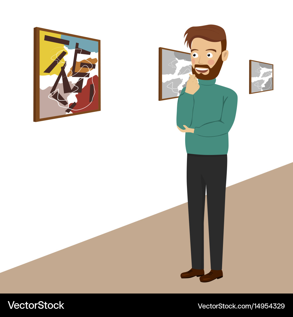 Man Viewing Abstract Art in Gallery vector image