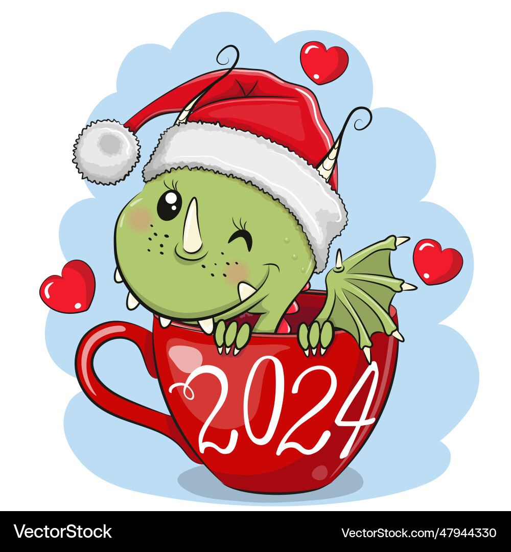Cartoon dragon in a santa hat is sitting cup Cartoon dragon in a santa hat is sitting cup vector image