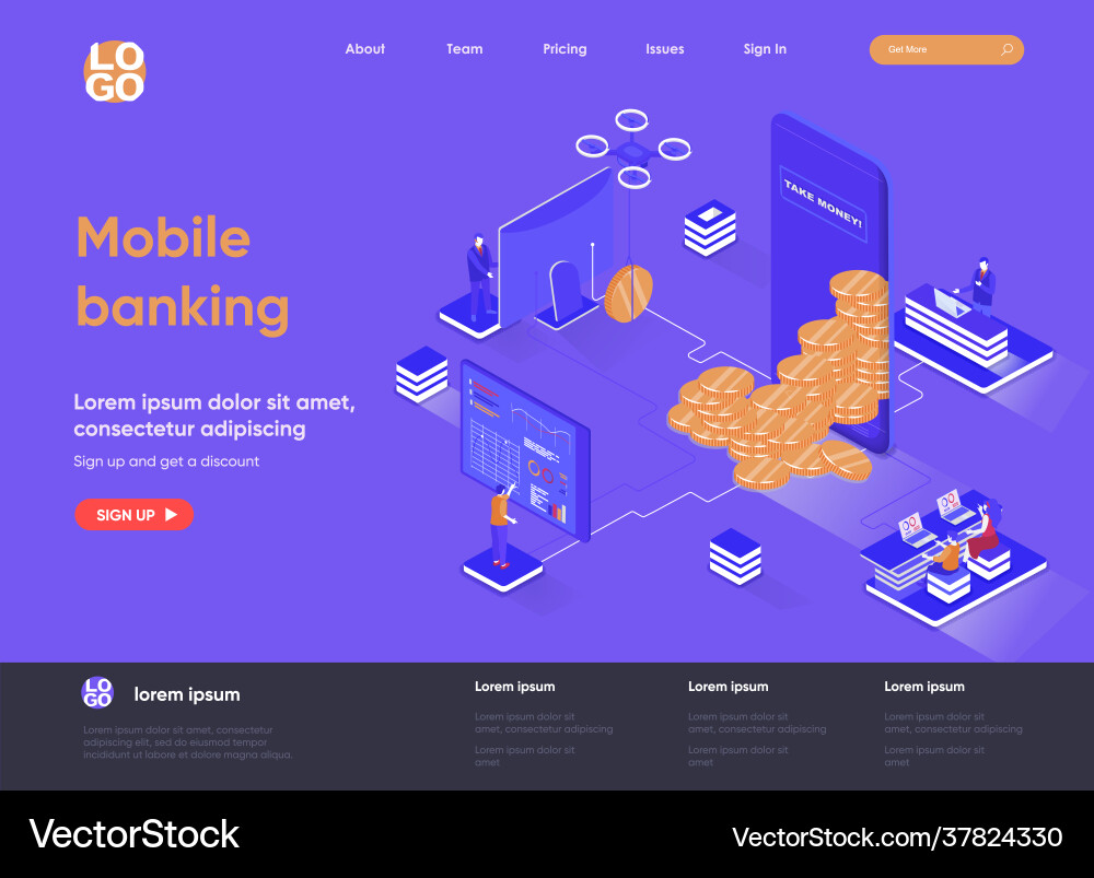 Mobile banking isometric landing page Mobile banking isometric landing page vector image