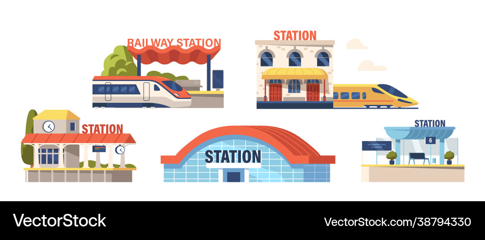 Set icons railway stations modern building Vector Image