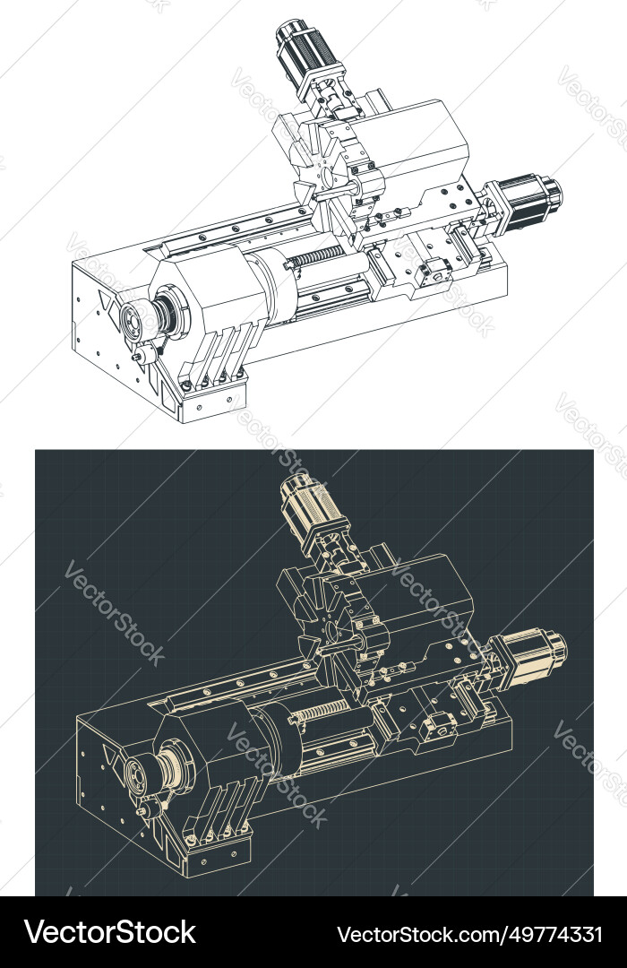 Cnc lathe machine isometric blueprints Cnc lathe machine isometric blueprints Vector Image