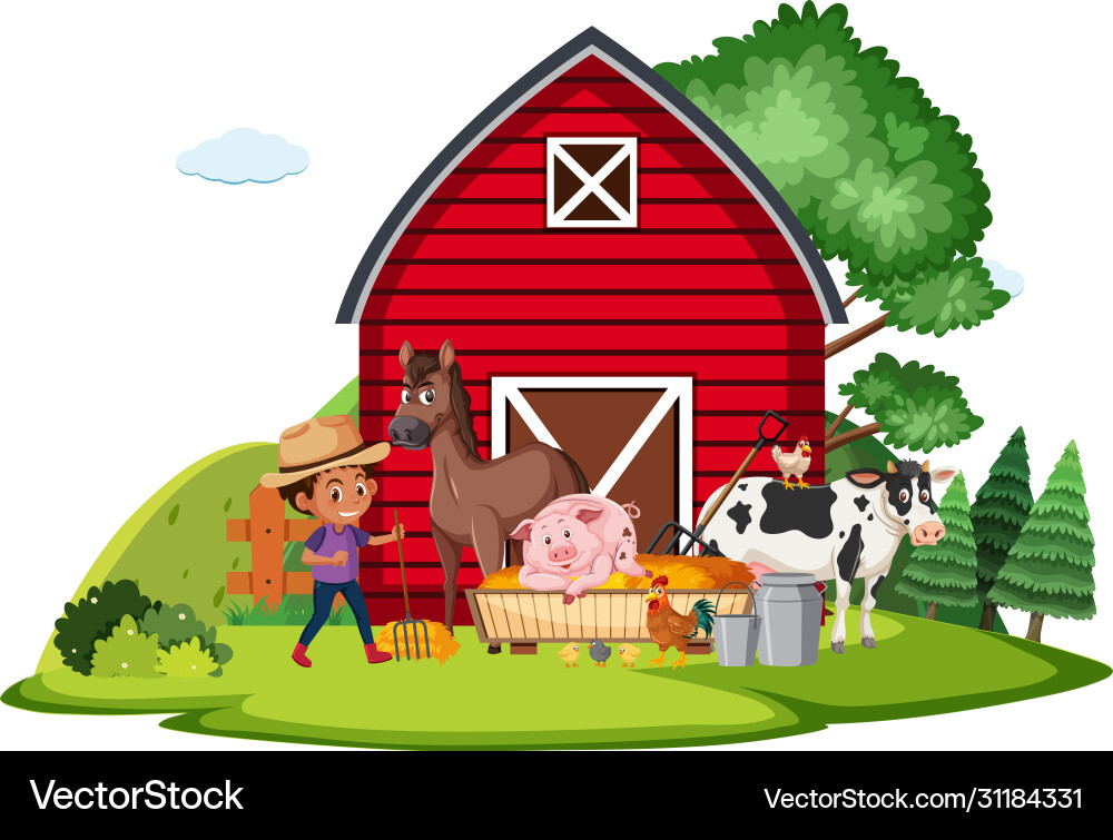Farm scene with farmboy and many animals Farm scene with farmboy and many animals vector image