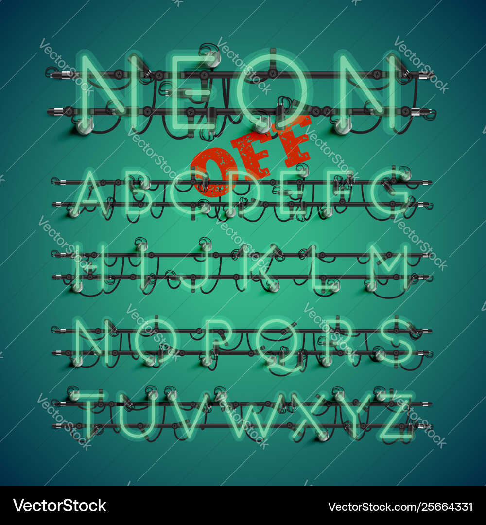 Realistic neon font with wires and console Realistic neon font with wires and console vector image