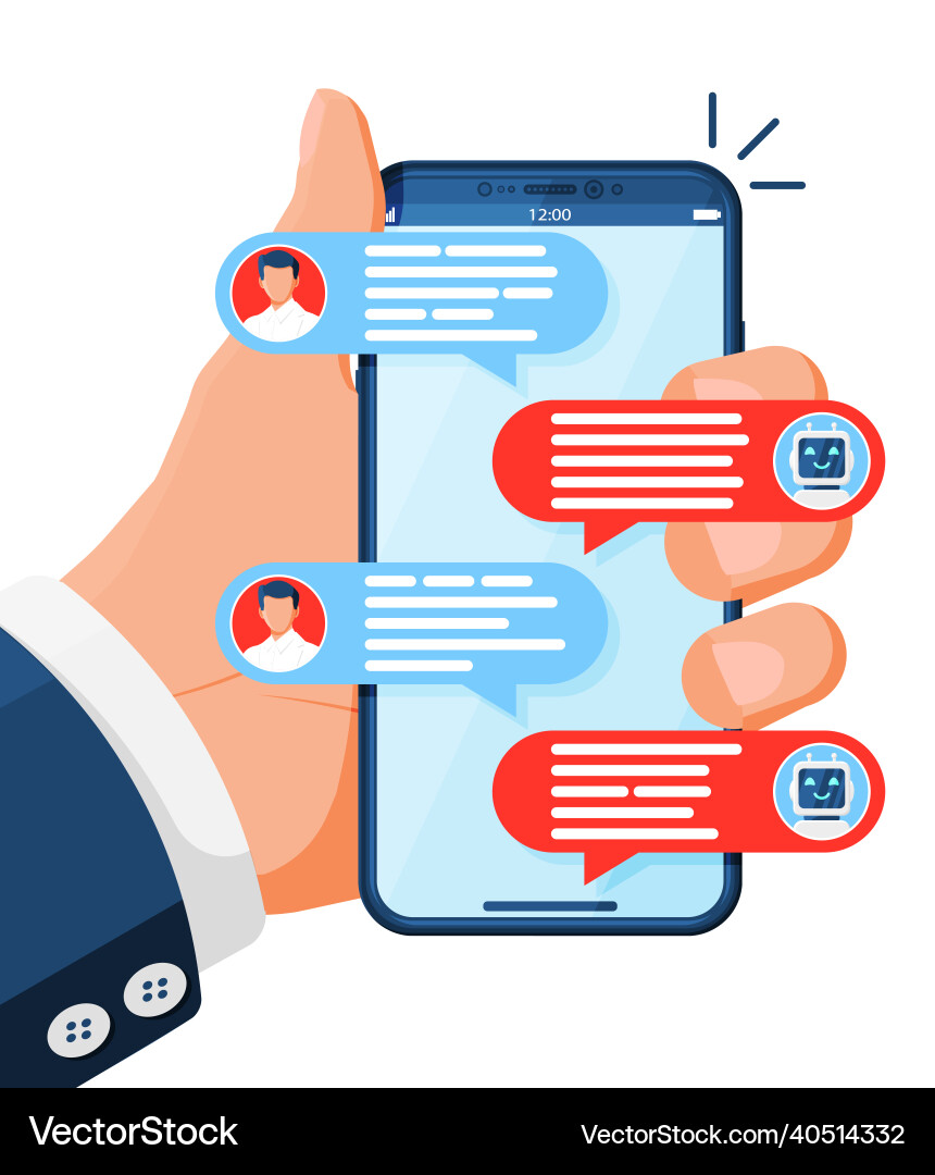 Chatting on smartphone with chat bot robot Chatting on smartphone with chat bot robot vector image