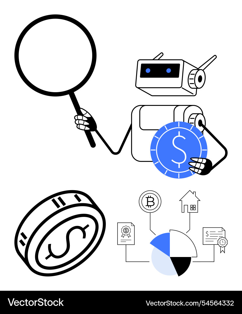 Roboter mit Lupe um Finanzen zu analysieren Roboter mit Lupe um Finanzen zu analysieren vektorbild