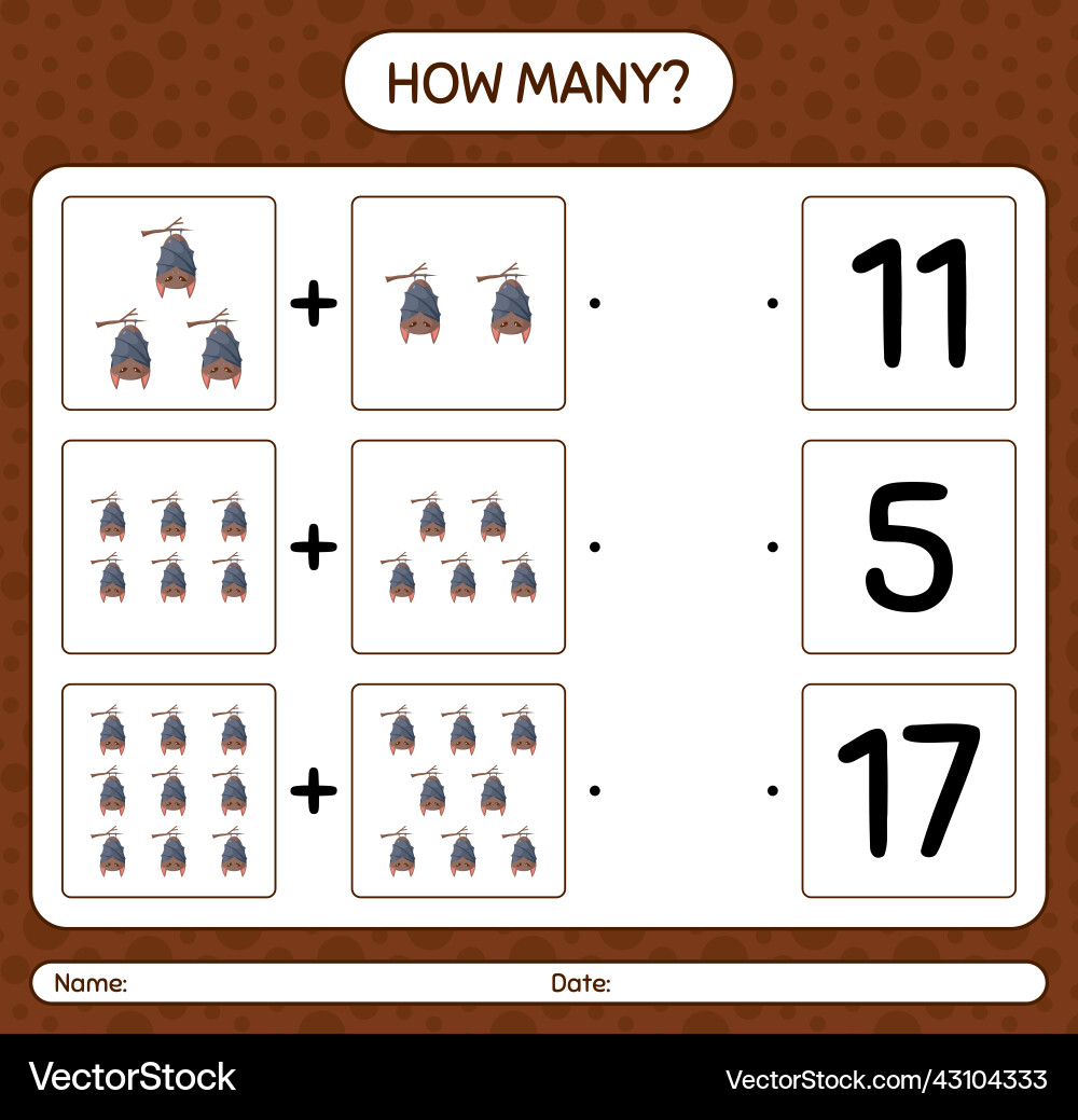 How many counting game with bat worksheet Vector Image
