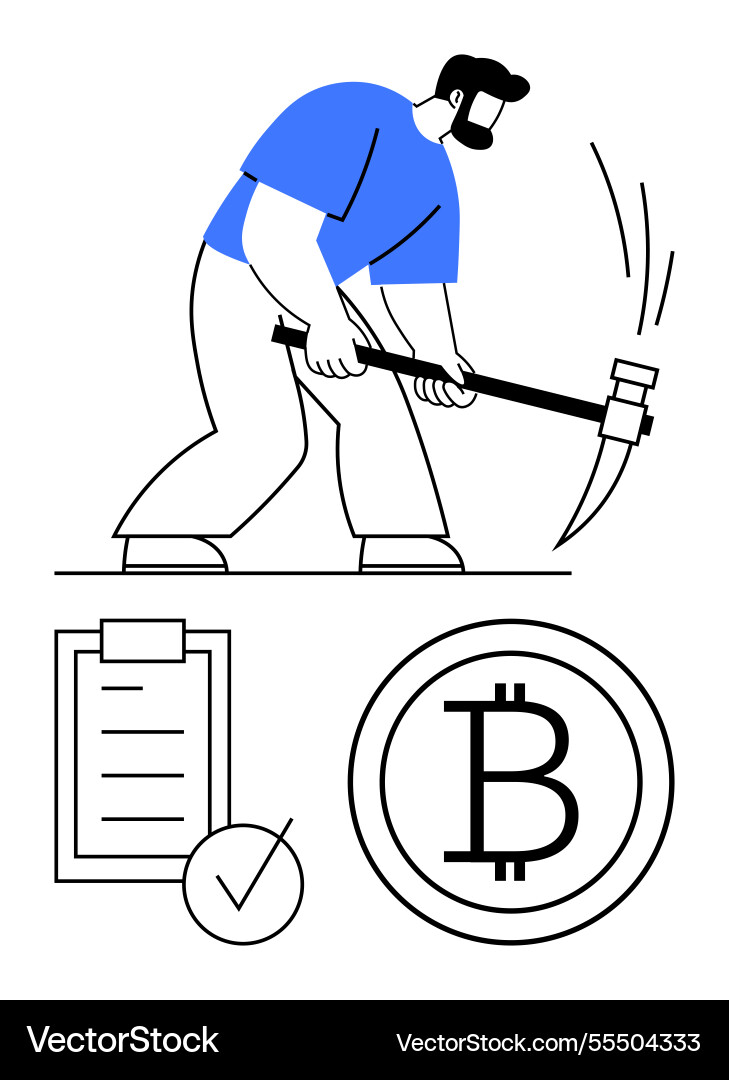 Man mining cryptocurrency with pickaxe bitcoin Man mining cryptocurrency with pickaxe bitcoin vector image
