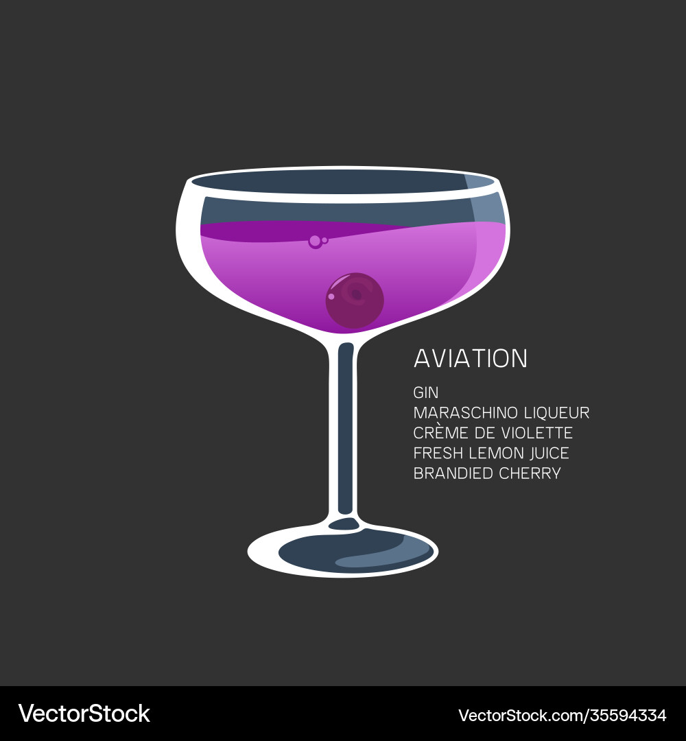 Cocktail aviation maraschino liqueur lemon cherry Cocktail aviation maraschino liqueur lemon cherry vector image
