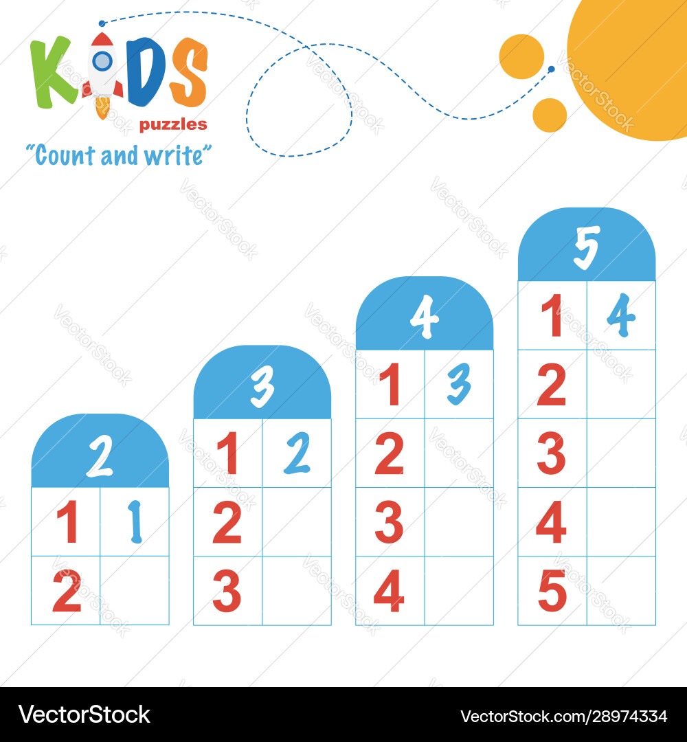 Easy colorful math count and write worksheet Easy colorful math count and write worksheet Vector Image
