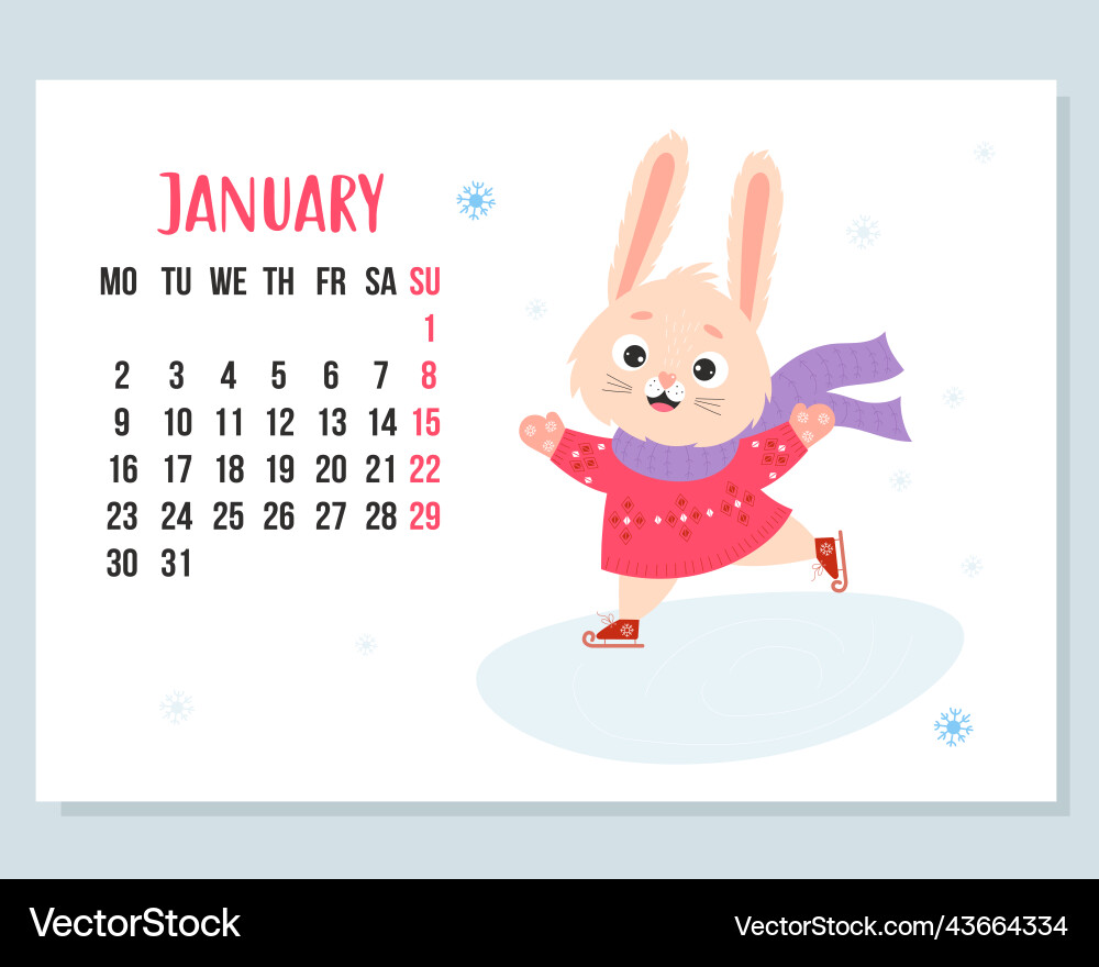 January 2023 calendar cute winter bunny January 2023 calendar cute winter bunny vector image