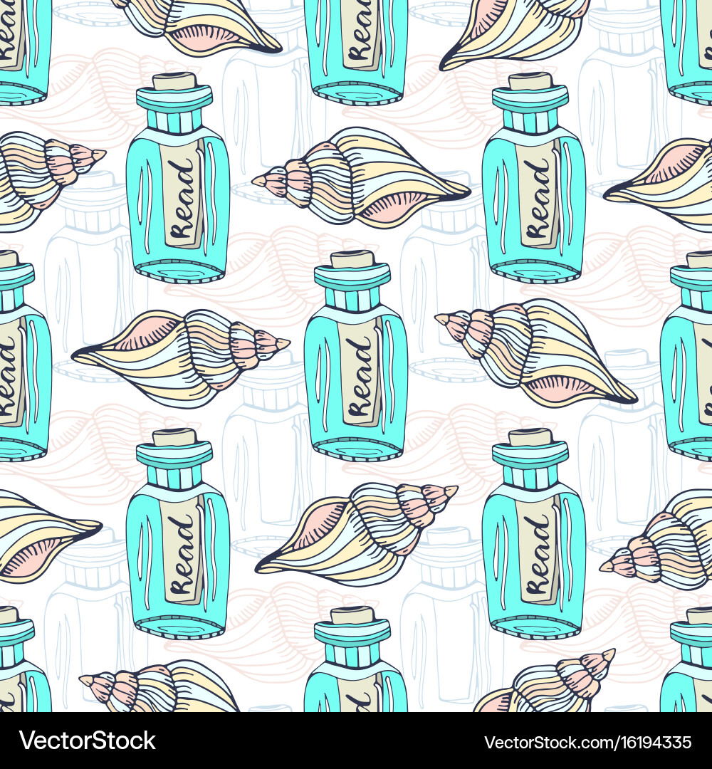 Shells seamless pattern with message in a bottle Vector Image