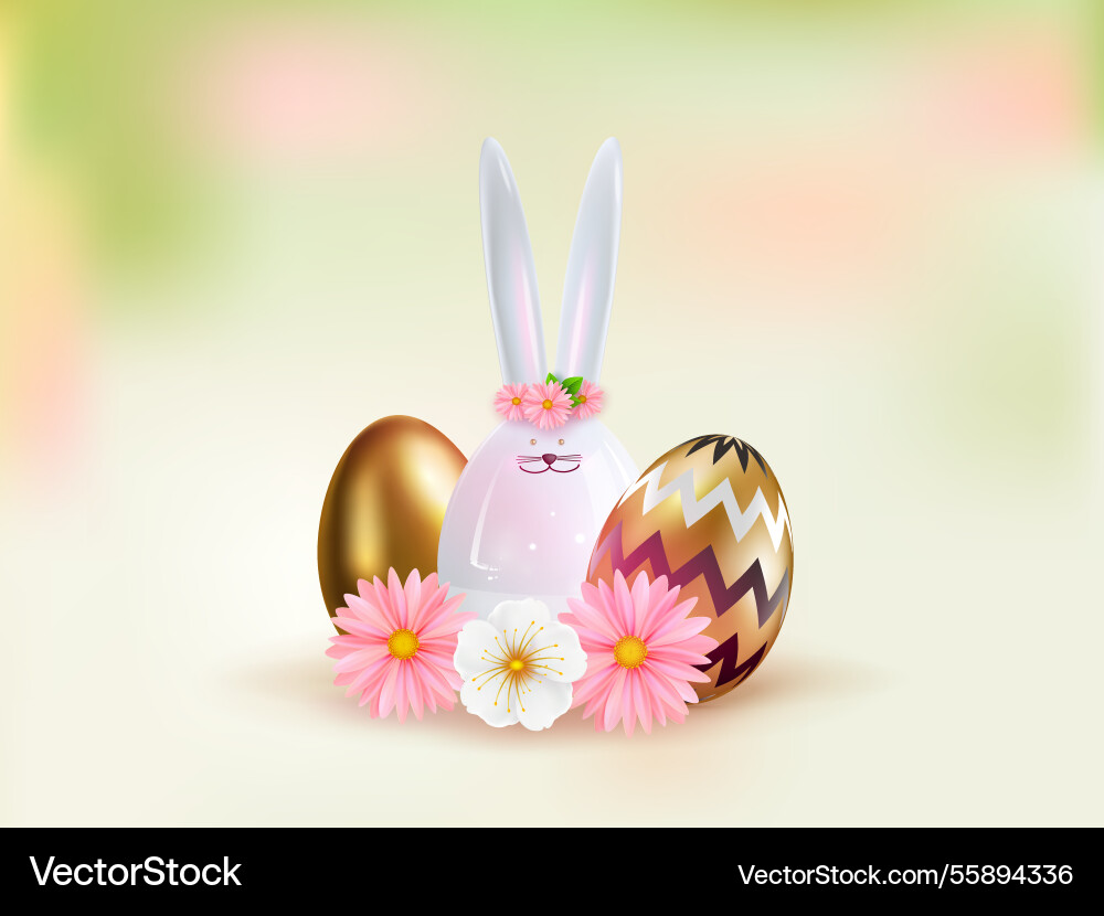 Easter poster with ceramic rabbit flowers golden Easter poster with ceramic rabbit flowers golden vector image