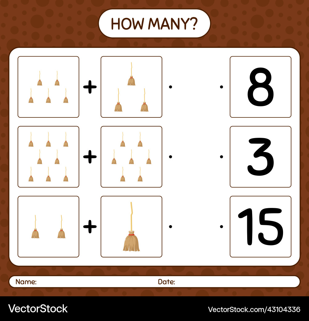 How many counting game with broom worksheet How many counting game with broom worksheet vector image