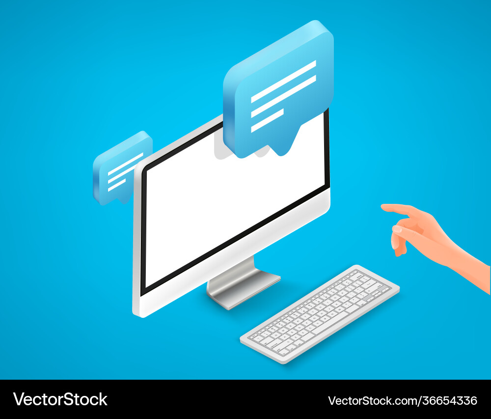 Mann mit Kommunikationsanwendung auf Computer Mann mit Kommunikationsanwendung auf Computer Vektorbild