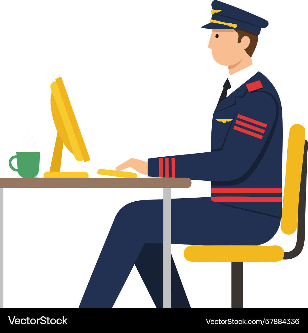 Pilot working on computer in uniform with cap Pilot working on computer in uniform with cap Vector Image
