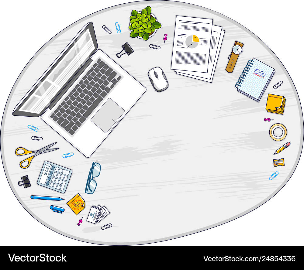 Work desk workspace top view with pc notebook Work desk workspace top view with pc notebook Vector Image
