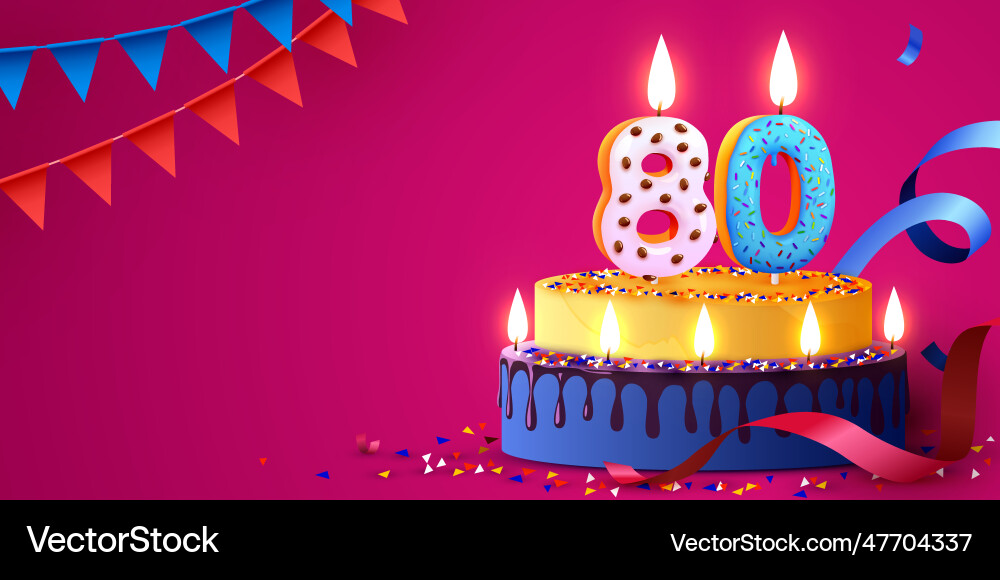 80 years anniversary cake with burning candles 80 years anniversary cake with burning candles vector image