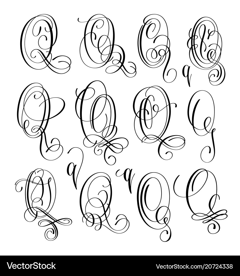 Calligraphy lettering script font q set hand vector image