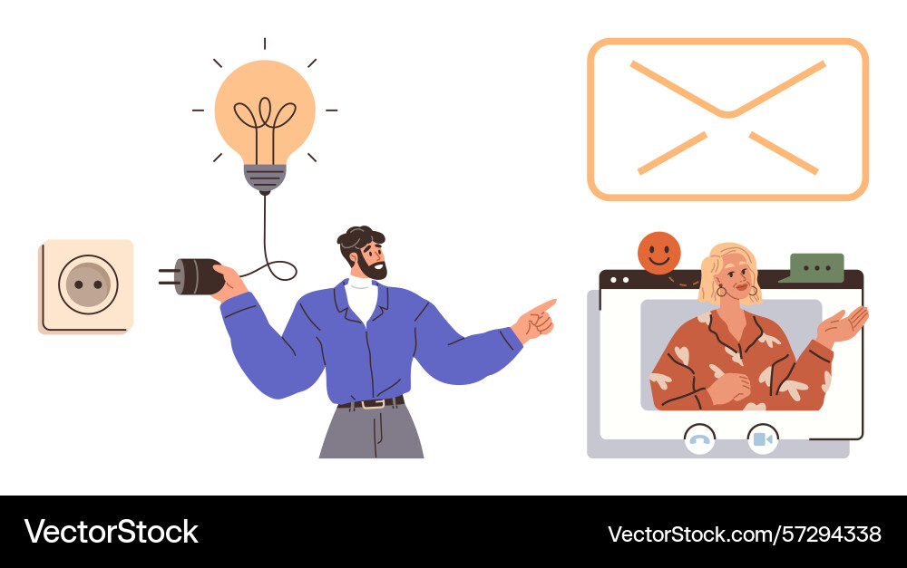 Man connecting ideas with light bulb and cord Man connecting ideas with light bulb and cord vector image