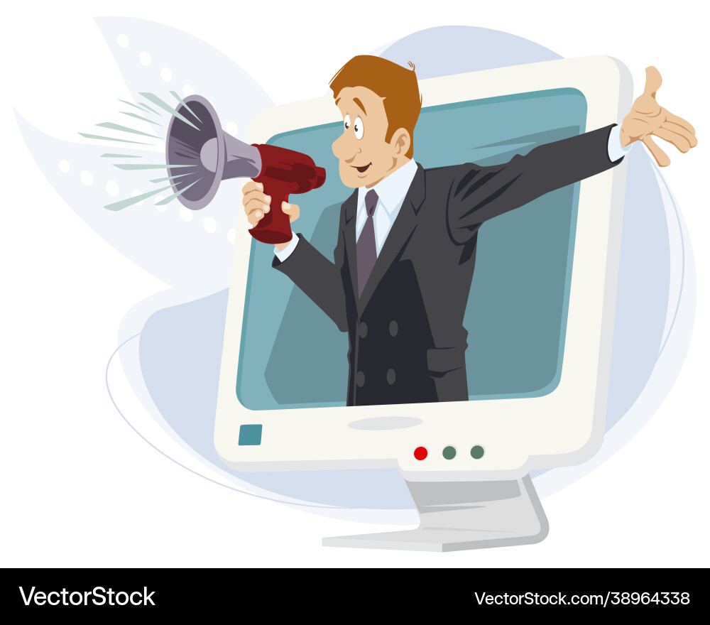 Man with megaphone shouts from computer Man with megaphone shouts from computer vector image