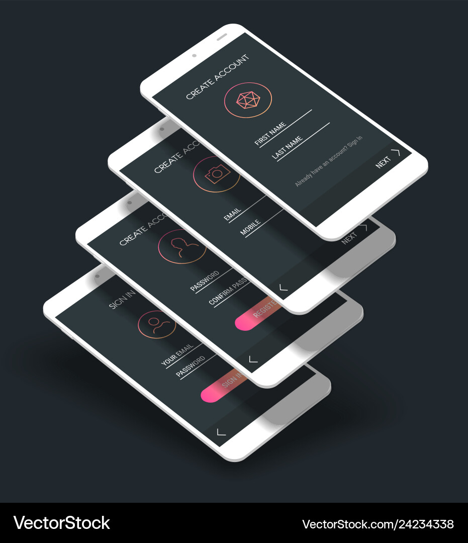 Mobile app ui sign in and up screens 3d Mobile app ui sign in and up screens 3d vector image