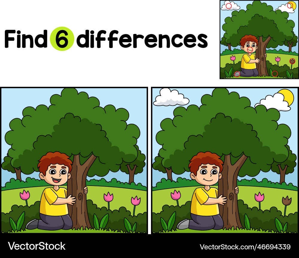 Boy hugging tree find the differences Vector Image