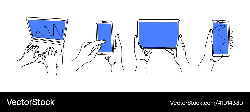 One line hands with gadgets continuous One line hands with gadgets continuous vector image