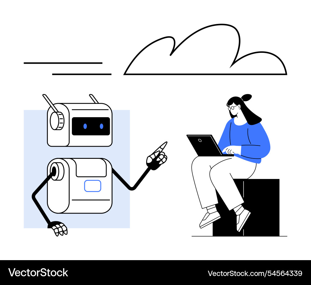 Robot interacting with person using laptop sitting Robot interacting with person using laptop sitting vector image