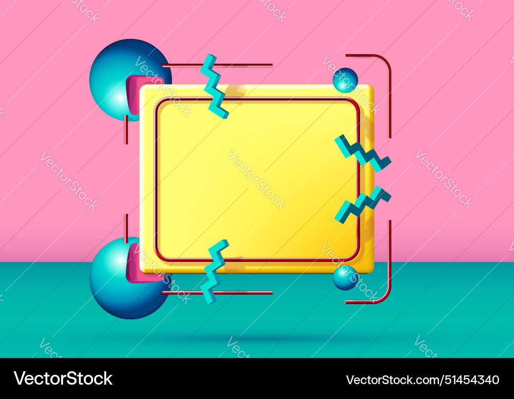 Abstract 90s styled frame with flying 3d objects Abstract 90s styled frame with flying 3d objects vector image