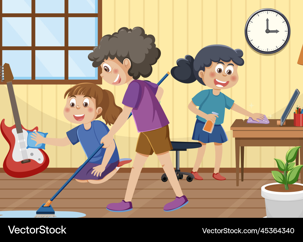 Cartoon children cleaning the house Cartoon children cleaning the house vector image