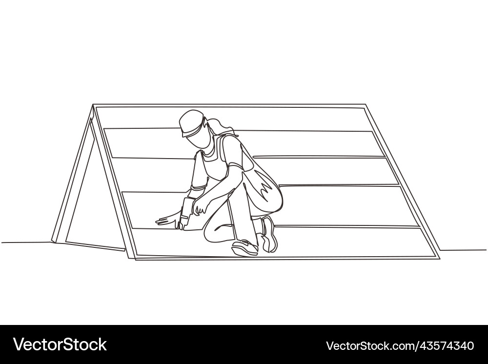 Continuous one line drawing roofer installing Continuous one line drawing roofer installing vector image