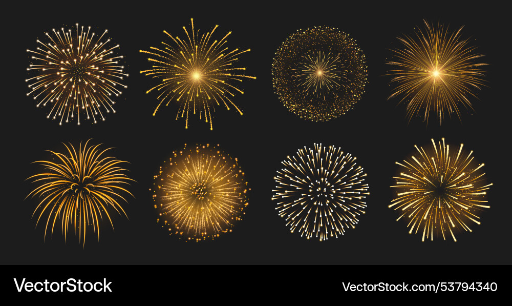 Realistic shiny golden fireworks collection Realistic shiny golden fireworks collection vector image