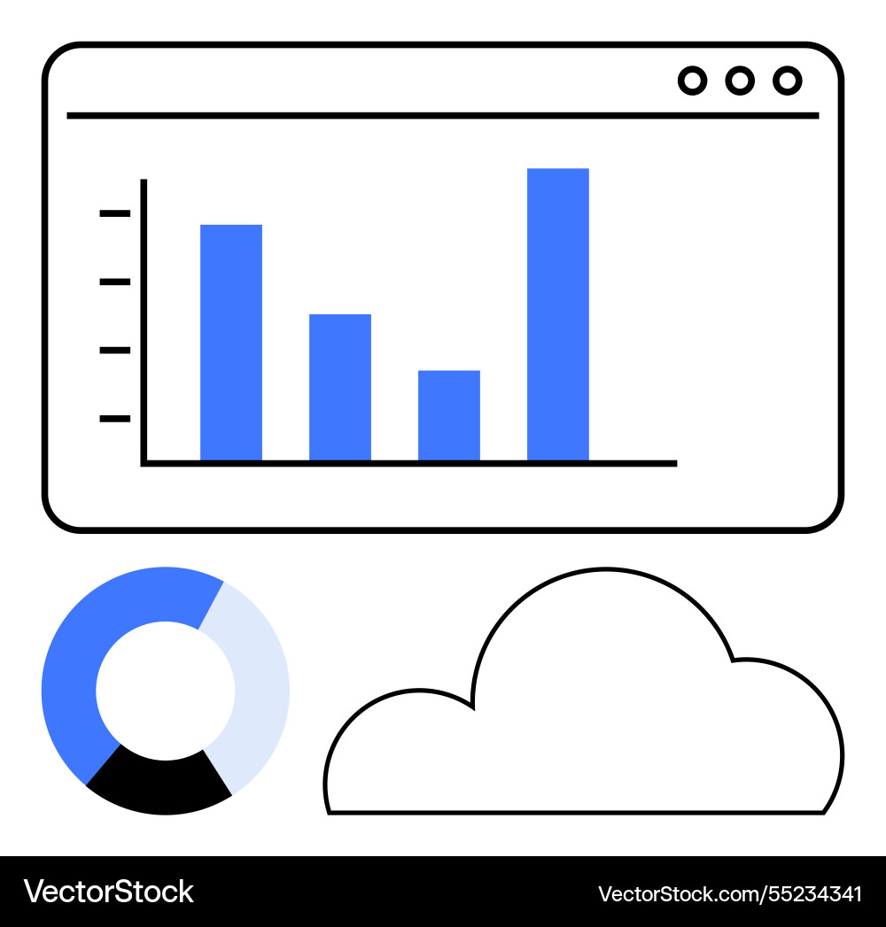 Bar graph on screen with pie chart and cloud Vector Image
