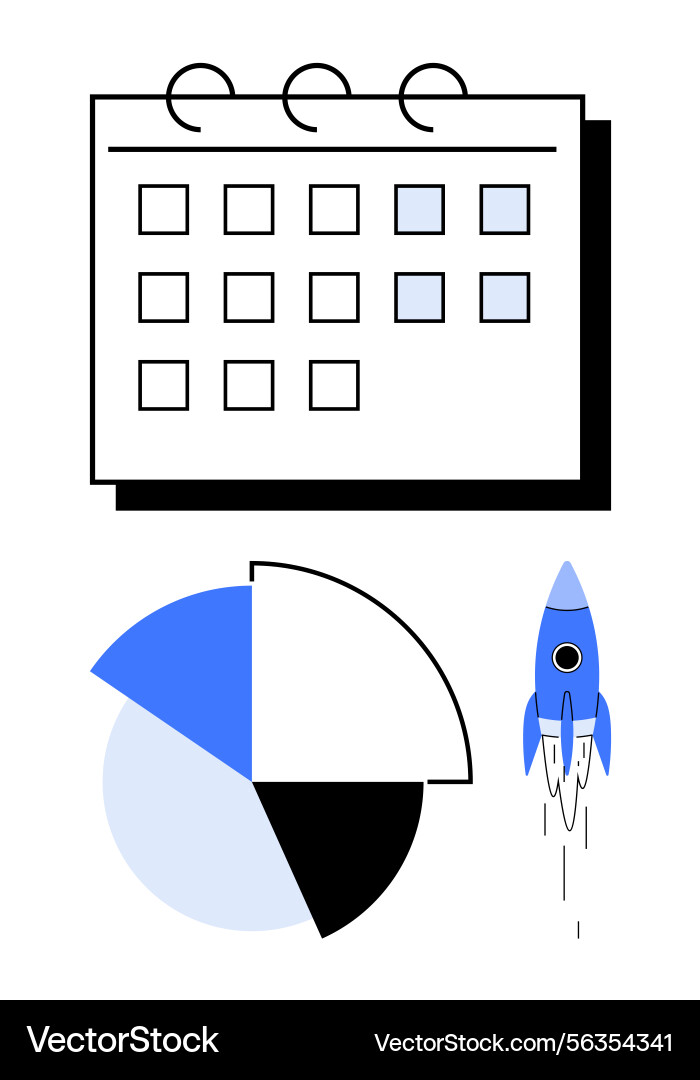 Calendar pie chart and rocket representing Calendar pie chart and rocket representing vector image