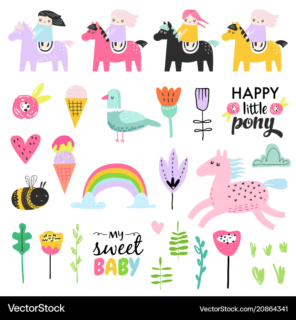 Charming Pastel Girls & Ponies Vector Image
