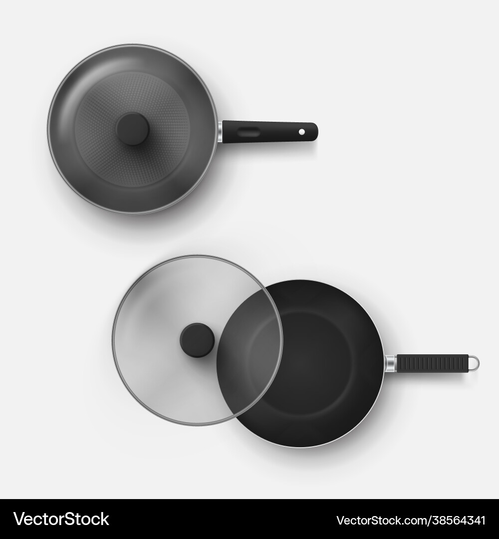 Top view set frying pan with lid realistic Top view set frying pan with lid realistic vector image