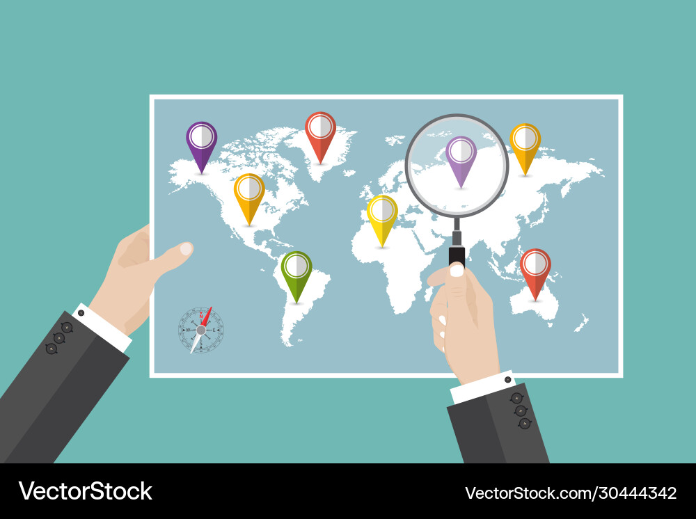 Man hold world map with travel objective pins Man hold world map with travel objective pins vector image