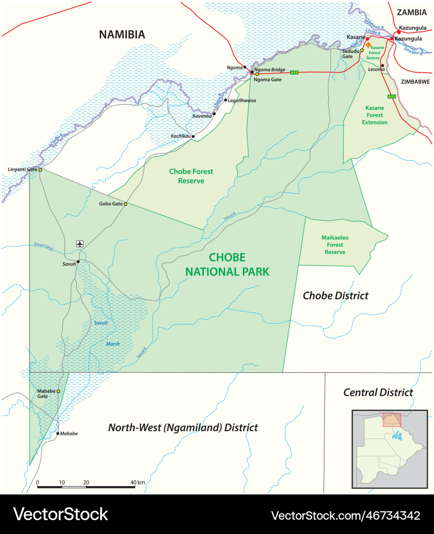 Map of chobe national park botswana Map of chobe national park botswana vector image