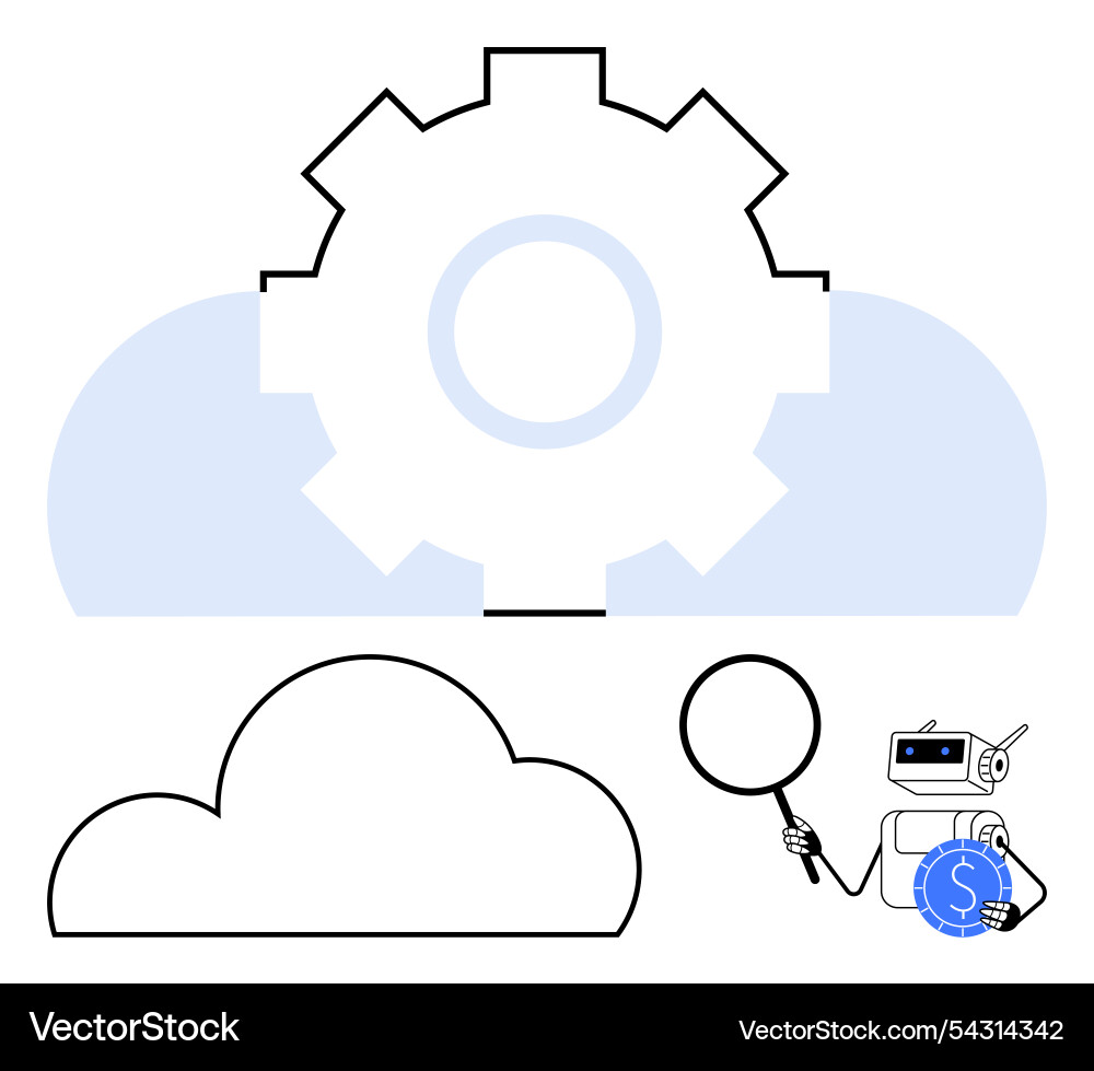 Robot analyzing cloud data with magnifying glass Robot analyzing cloud data with magnifying glass vector image