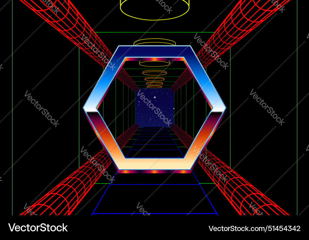 Synthwave frame with chrome hex and 80s styled Synthwave frame with chrome hex and 80s styled Vector Image