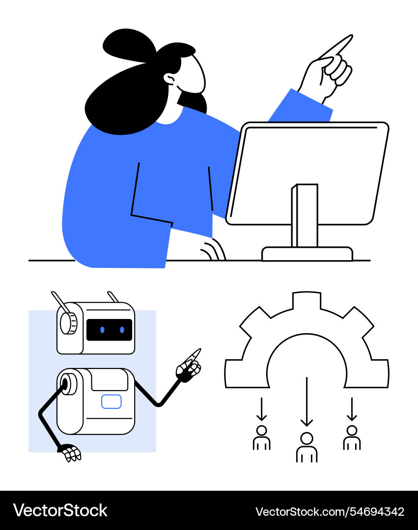 Woman working with computer displaying automation Woman working with computer displaying automation vector image