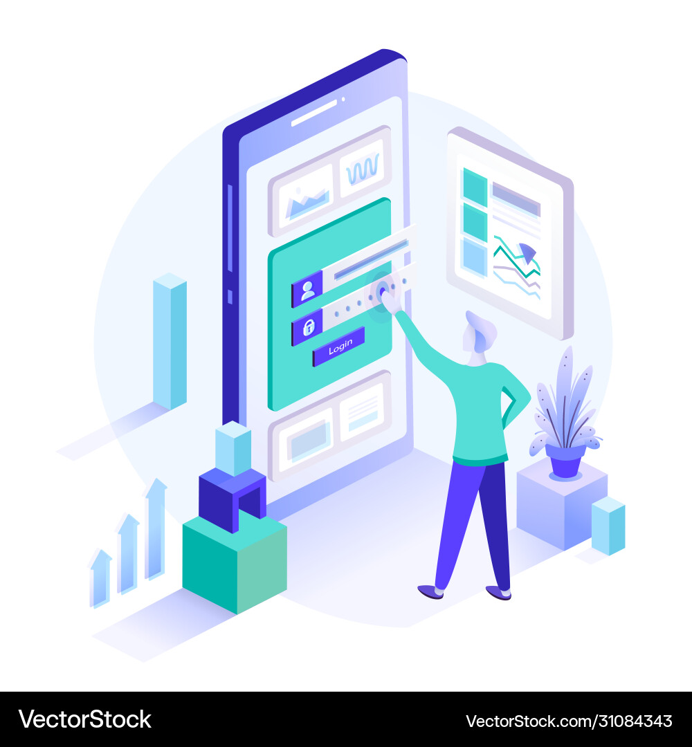A man stands in front inputted secured data Vector Image
