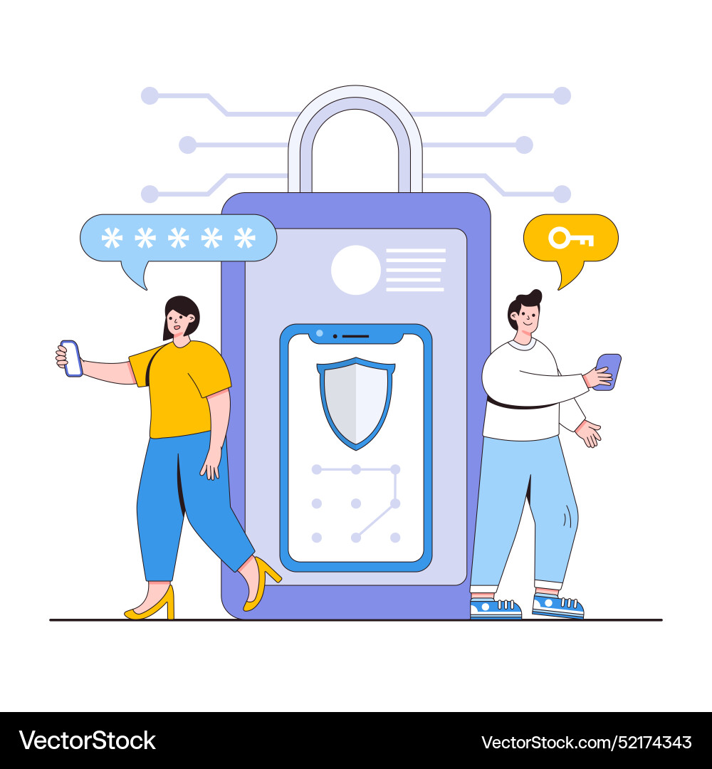 Mobile device security concept with characters Mobile device security concept with characters vector image