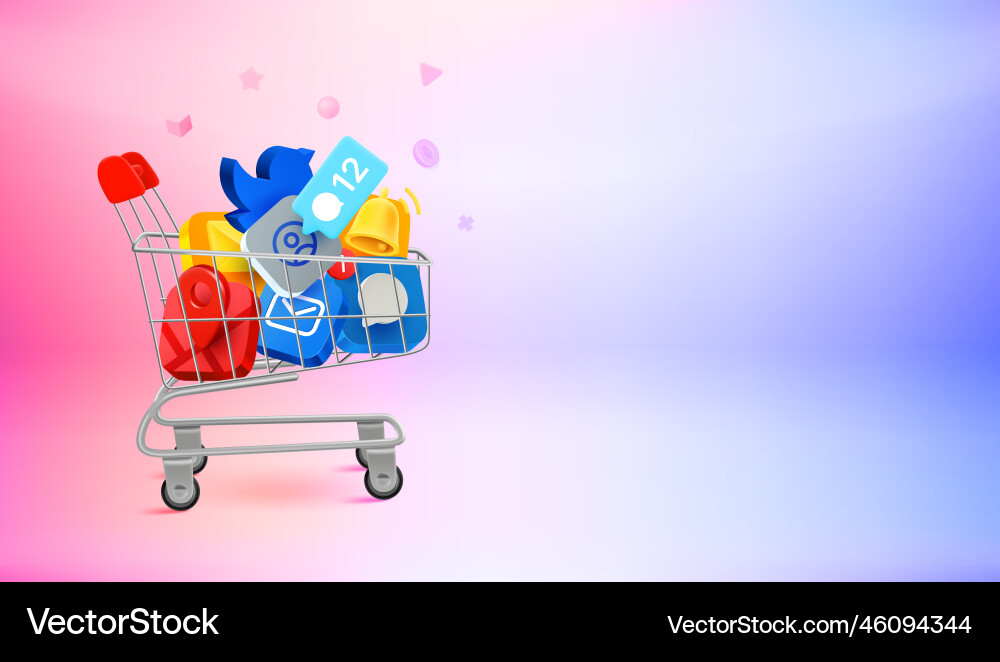 Full trolley of mobile application icons 3d Full trolley of mobile application icons 3d vector image