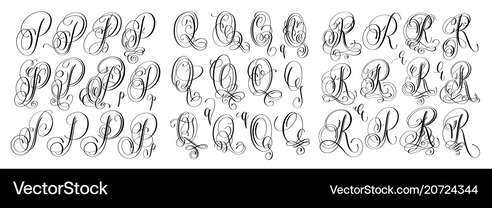 Kalligraphie Buchstaben setzen p q und r Script Schrift Kalligraphie Buchstaben setzen p q und r Script Schrift vektorbild