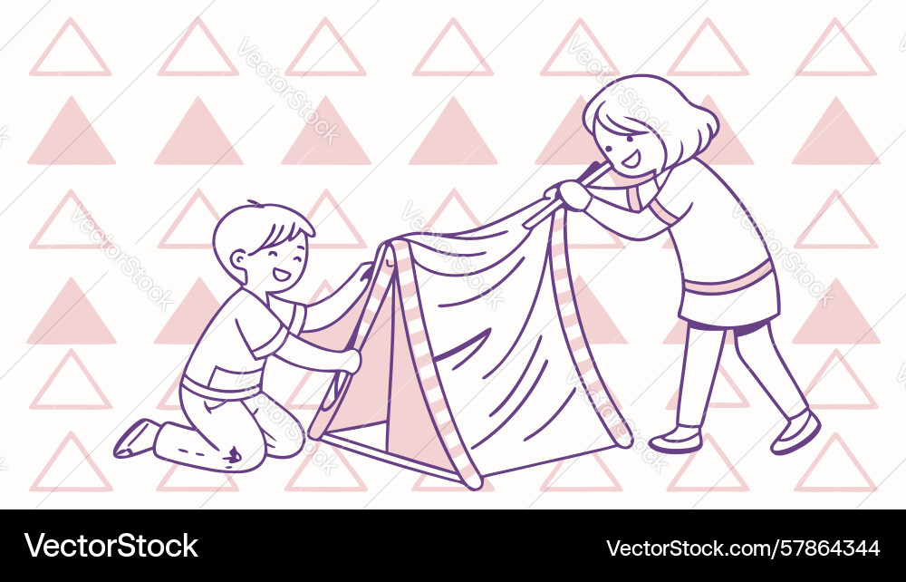 Kids setting up tent with geometric patterns Vector Image